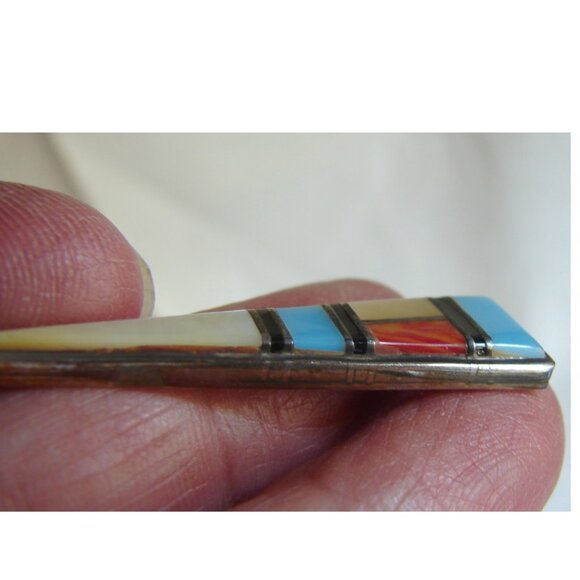 Zuni Turquoise Inlay Sterling Silver Dangle EARRINGS, Spiney Oyster, MOP D24 - Picture 8 of 9